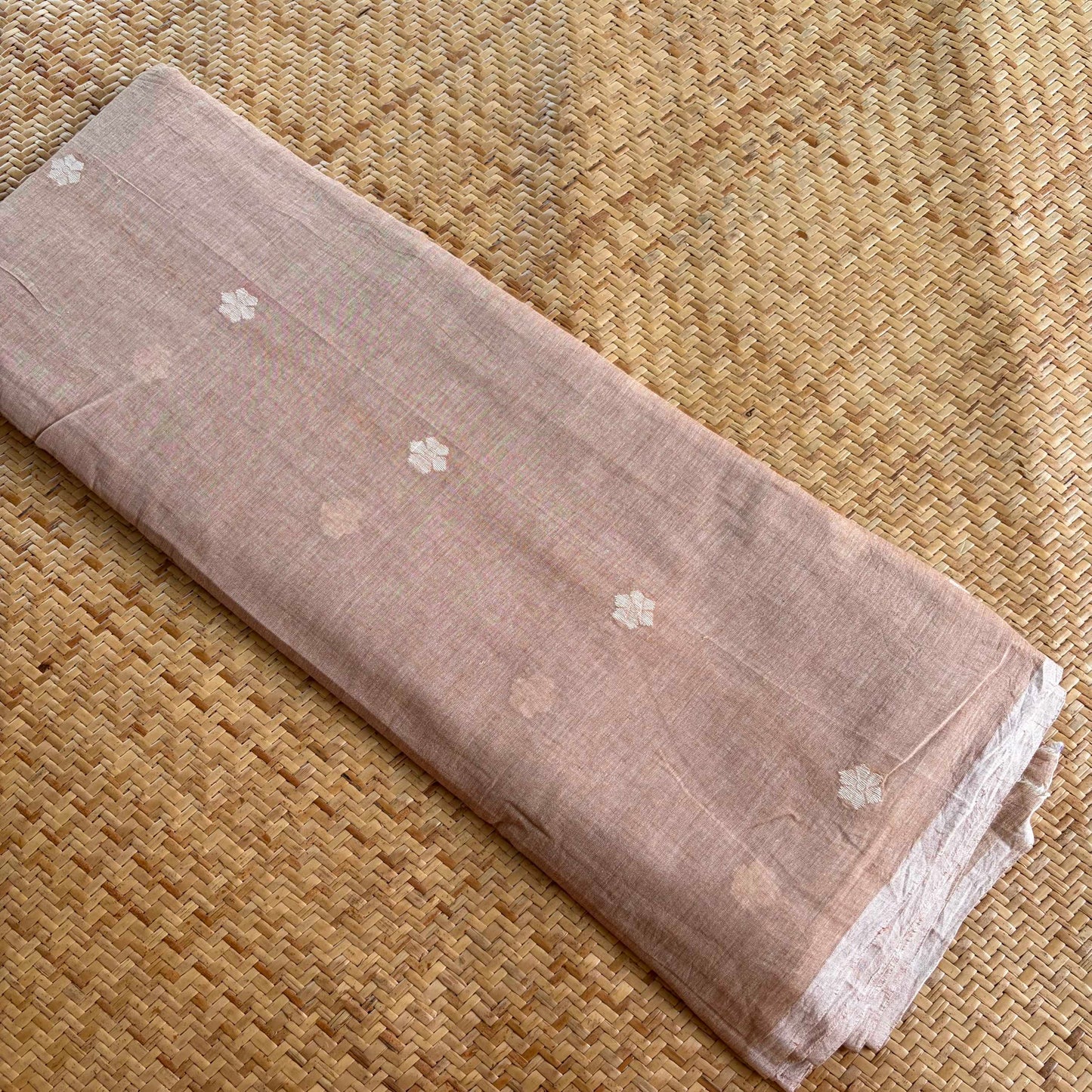 Jamdani Handloom Cotton Running Fabric, Pastel Brown