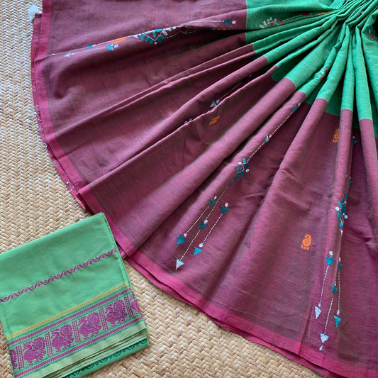Arupukottai Hand woven Saree with multi colour thread Kantha Hand Embroidery