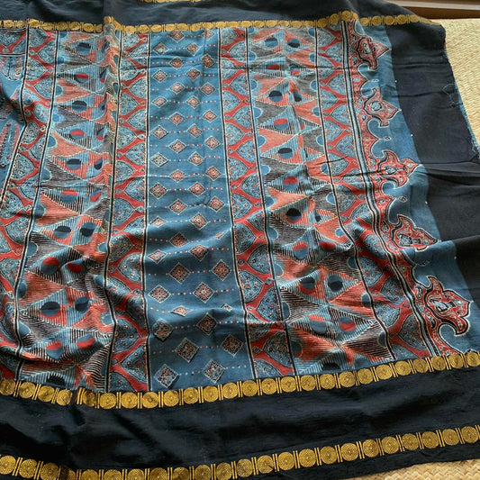 Indigo, Ajrak Hand Block Printed On Madurai Cotton Saree With Zari