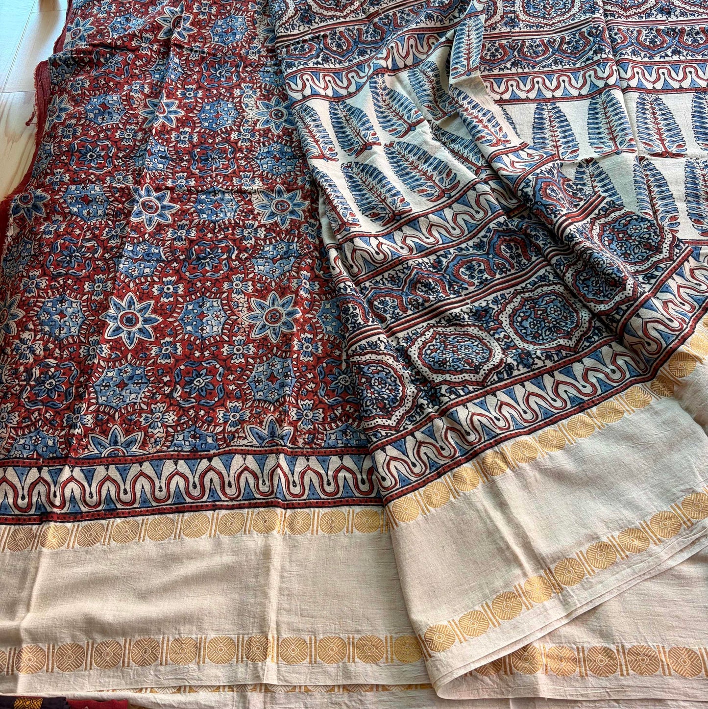 Pinecone-Cream , Ajrak Hand Block Printed On Madurai Cotton Saree With Zari