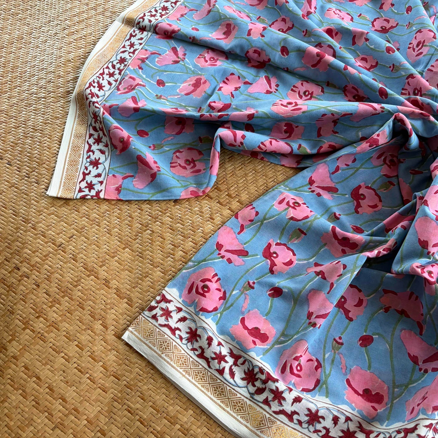 Blue, Jaipur Hand Block Printed On Madurai Cotton Saree With Zari