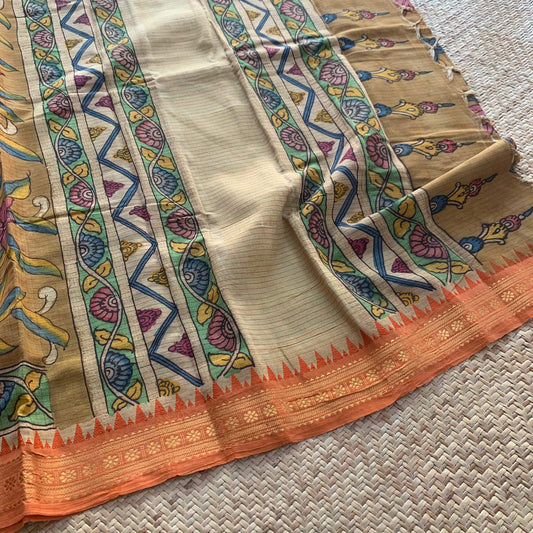 Mustard Kalamkari Hand Painted on Chettinad Cotton saree