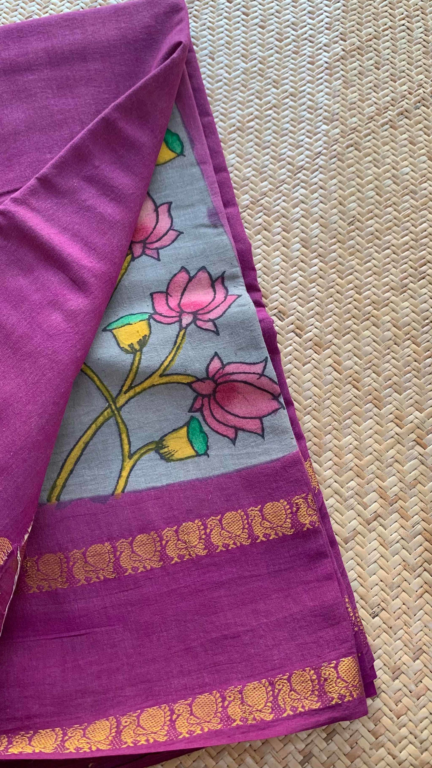 Grey Kalamkari Hand Painted on a Madurai Sungudi Cotton saree.