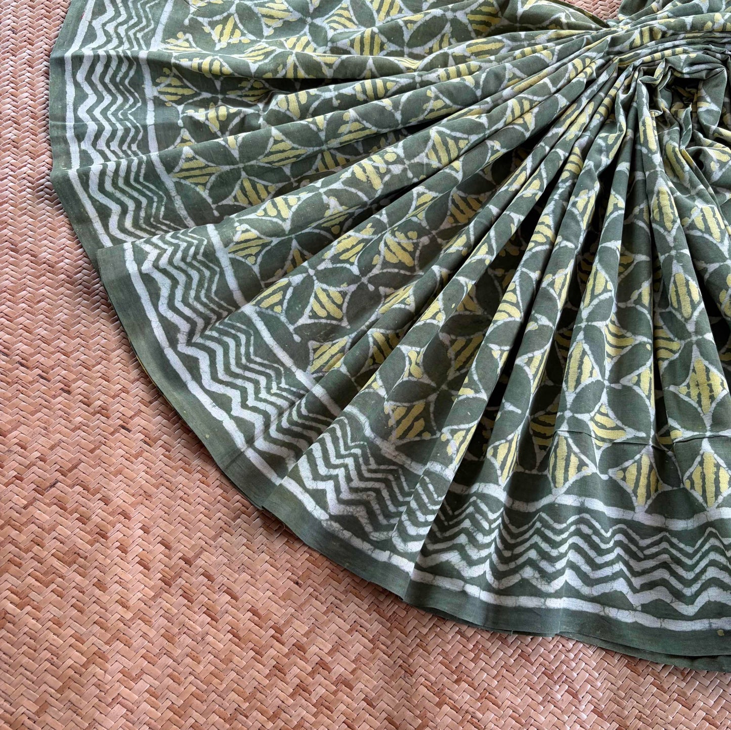 Mul Mul Cotton saree, Hand Block Printed, Green
