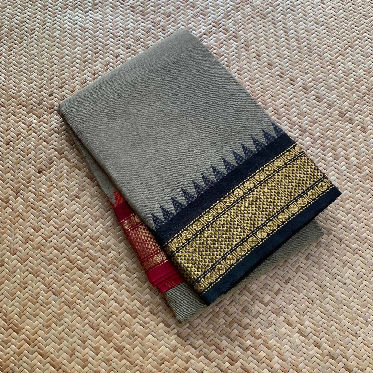 Grey Saree Black Ganga Jamuna Border, Chettinad cotton saree