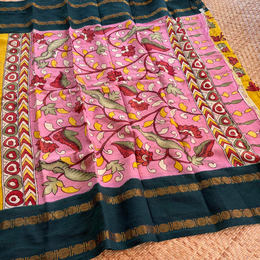 Botanical, Kalamkari Hand Painted on a Madurai Sungudi Cotton saree.