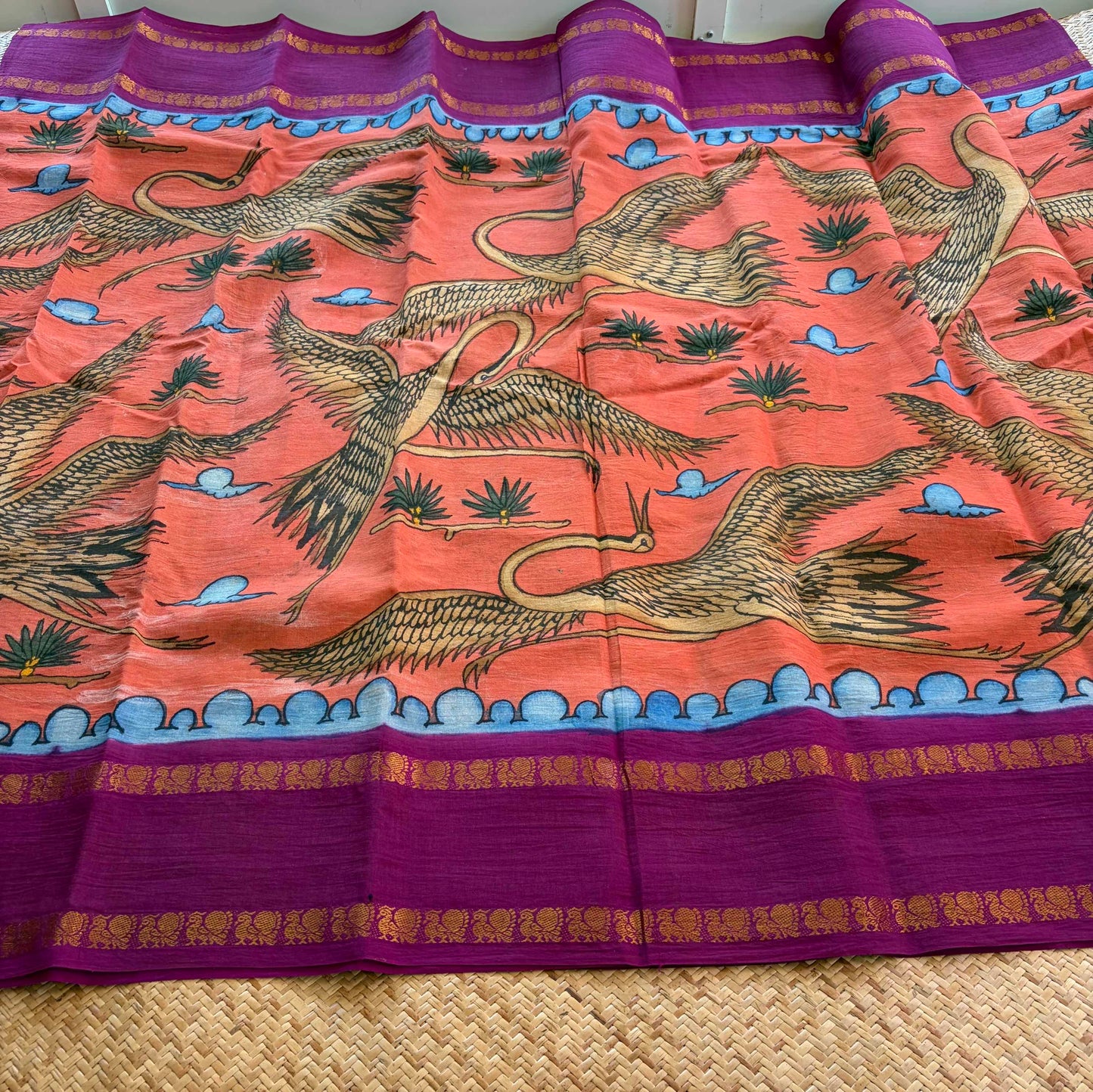 Crane Kalamkari Hand Painted on a Madurai Sungudi Cotton saree.