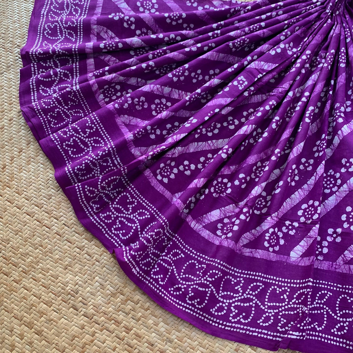 Purple Hand Crafted wax print Sungudi Mul Mul Cotton Saree