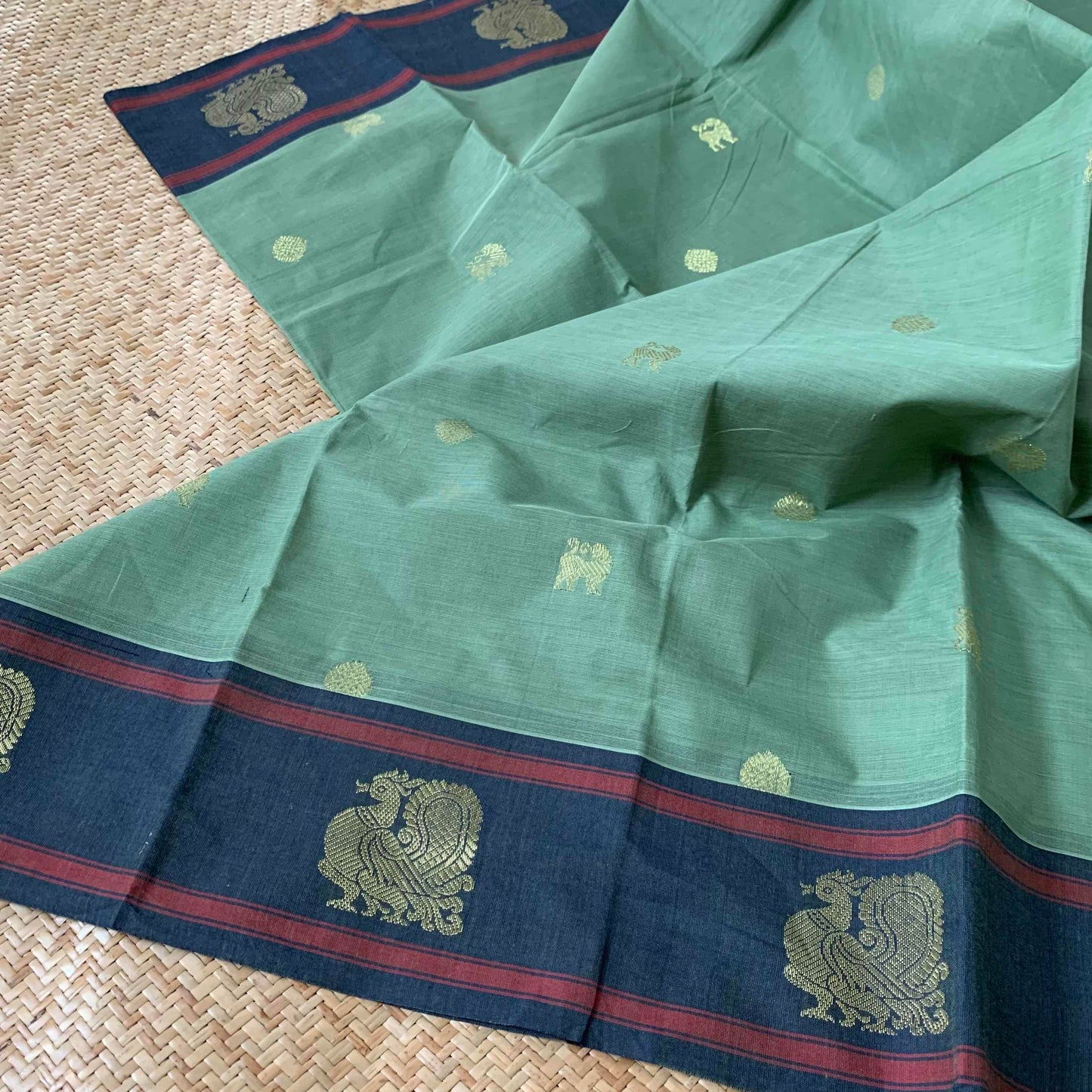 Kanchipuram Cotton Saree, Blue Double Tone Saree with Grey Border and Grand Pallu with Yazhi Chakkaram Butta