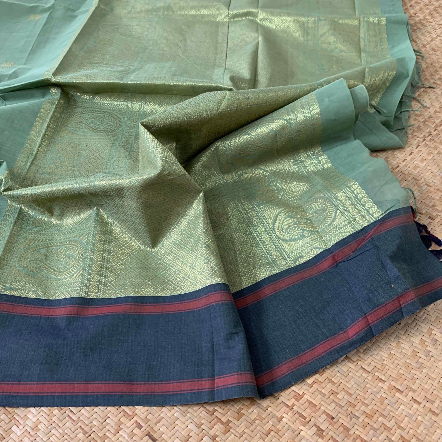 Kanchipuram Cotton Saree, Blue Double Tone Saree with Grey Border and Grand Pallu with Yazhi Chakkaram Butta