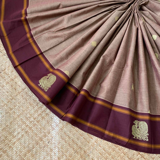 Kanchipuram Cotton Saree, Chocolate Brown Double Tone Saree with Brown Border, Grand Pallu and Yazhi Chakkaram Butta