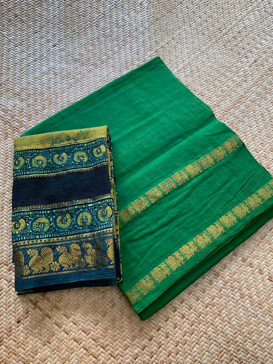 Light Green Saree with Ajrak Blouse piece, Zari Annam Rettai Pettu Border , Clamp dyed (Kattu sayam).
