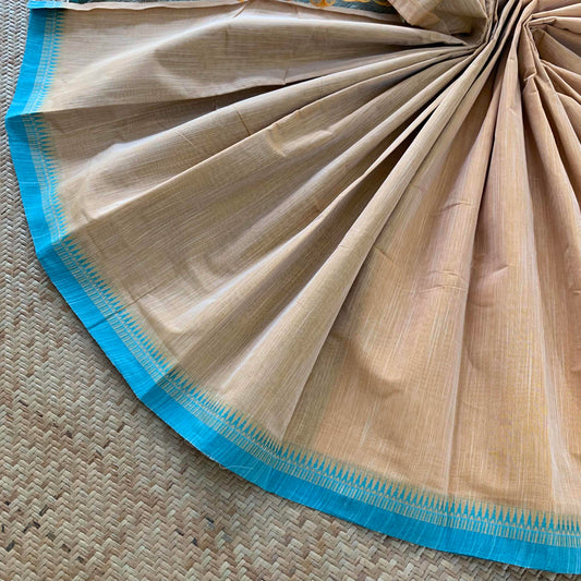 Chettinad Cotton Saree, Beige Saree with Blue Border