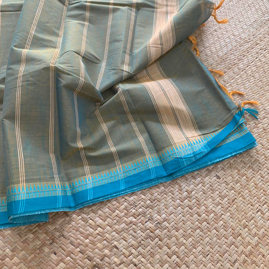 Chettinad Cotton Saree, Beige Saree with Blue Border