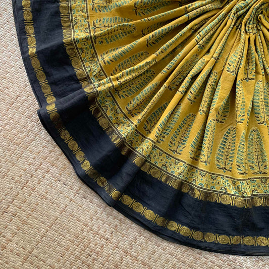 Mustard With Black , Ajrak Hand Block Printed On Madurai Cotton Saree With Zari