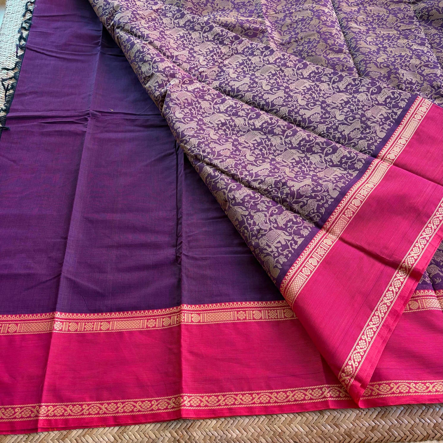 Chettinad Cotton Saree, Purple Saree with Vanasingaram Design