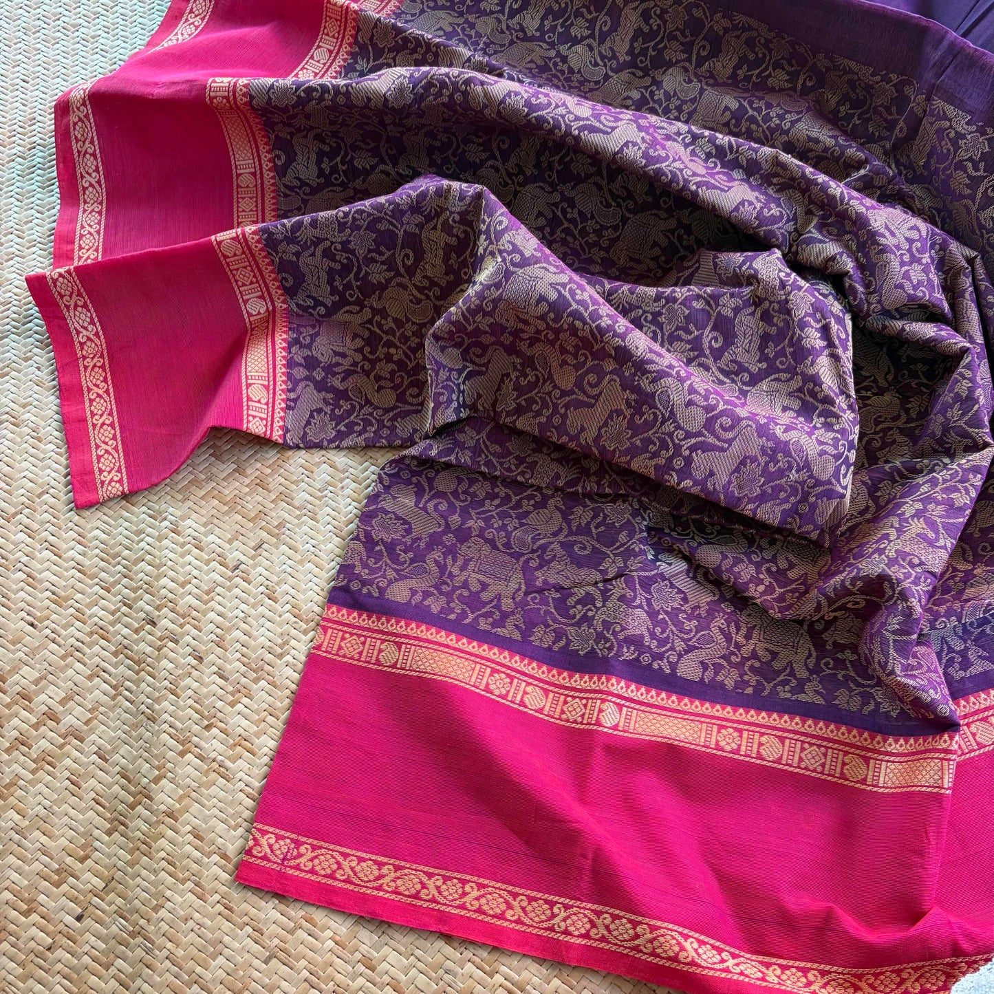 Chettinad Cotton Saree, Purple Saree with Vanasingaram Design