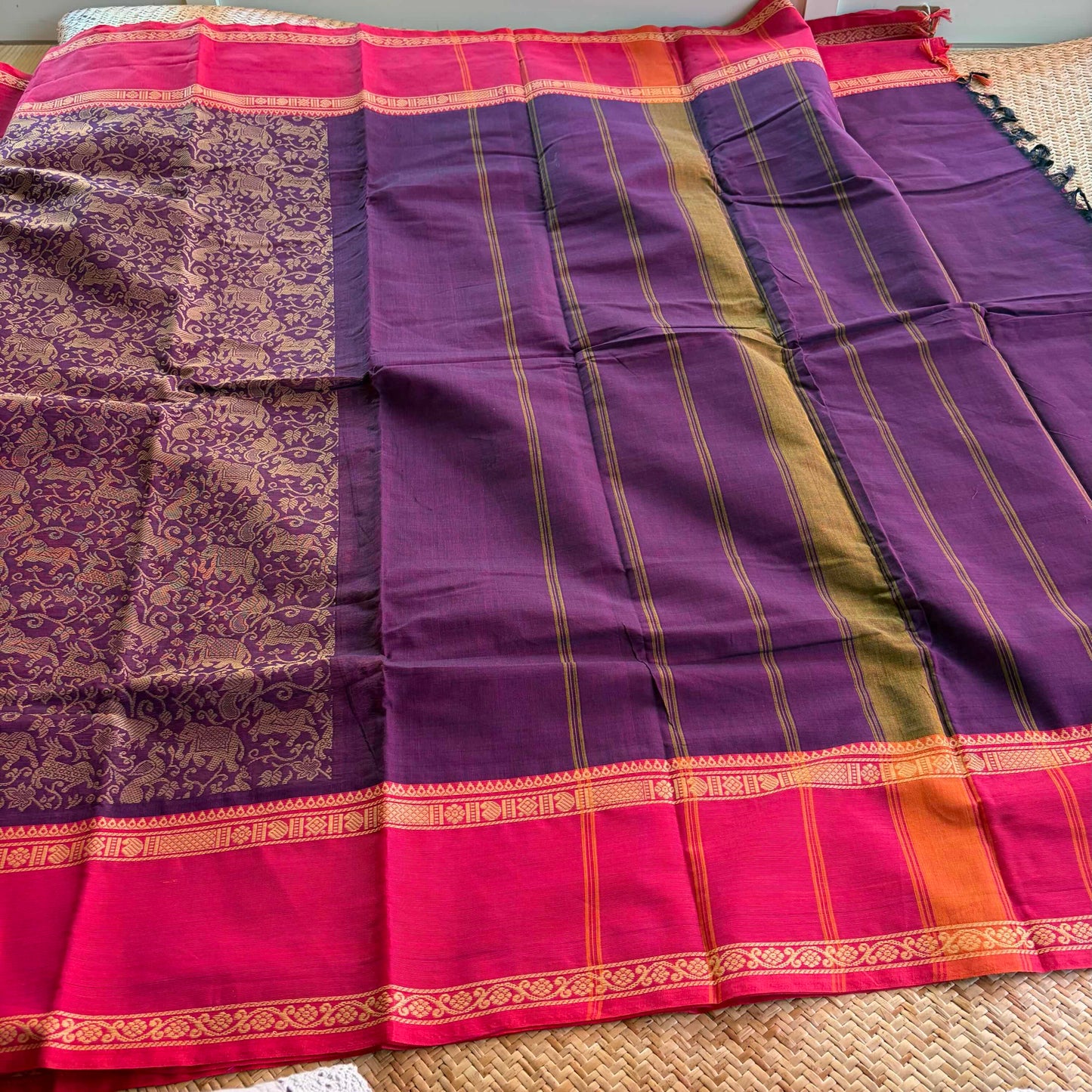 Chettinad Cotton Saree, Purple Saree with Vanasingaram Design