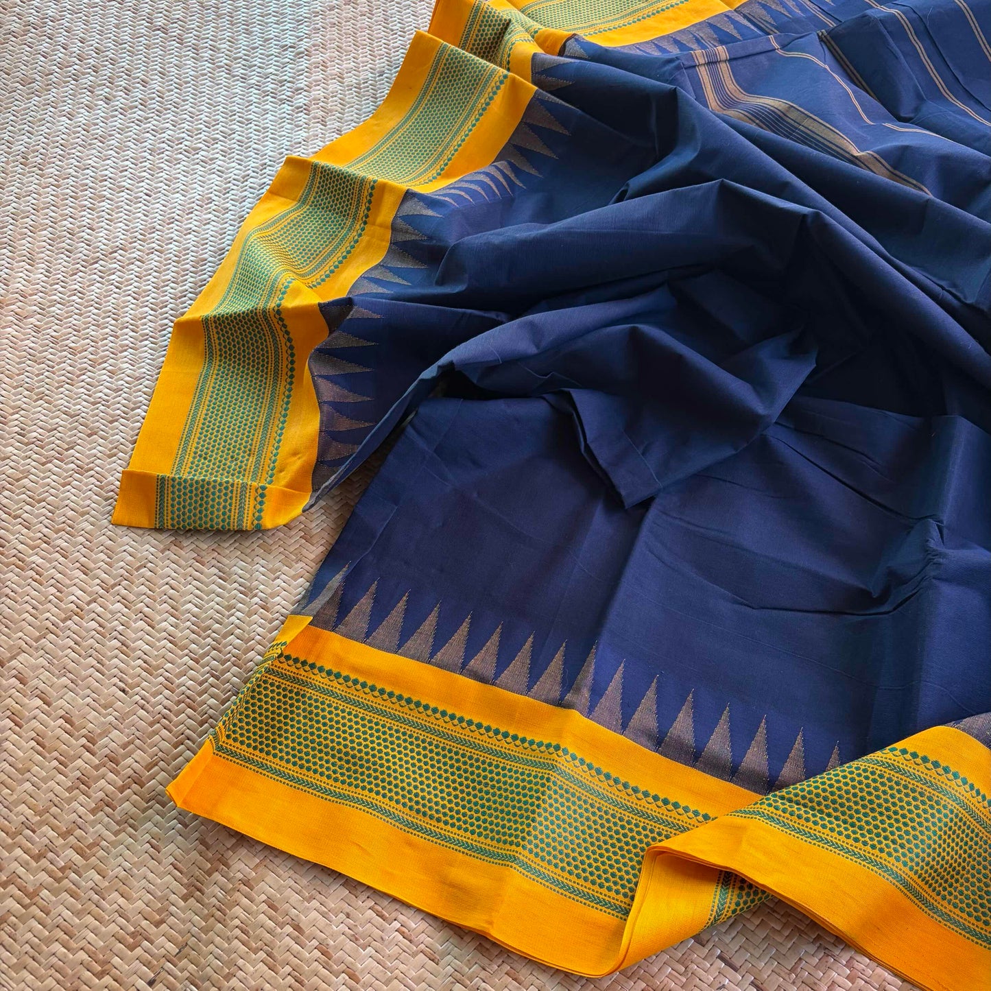 Chettinad Cotton Saree, Navy Saree with Korvai Border