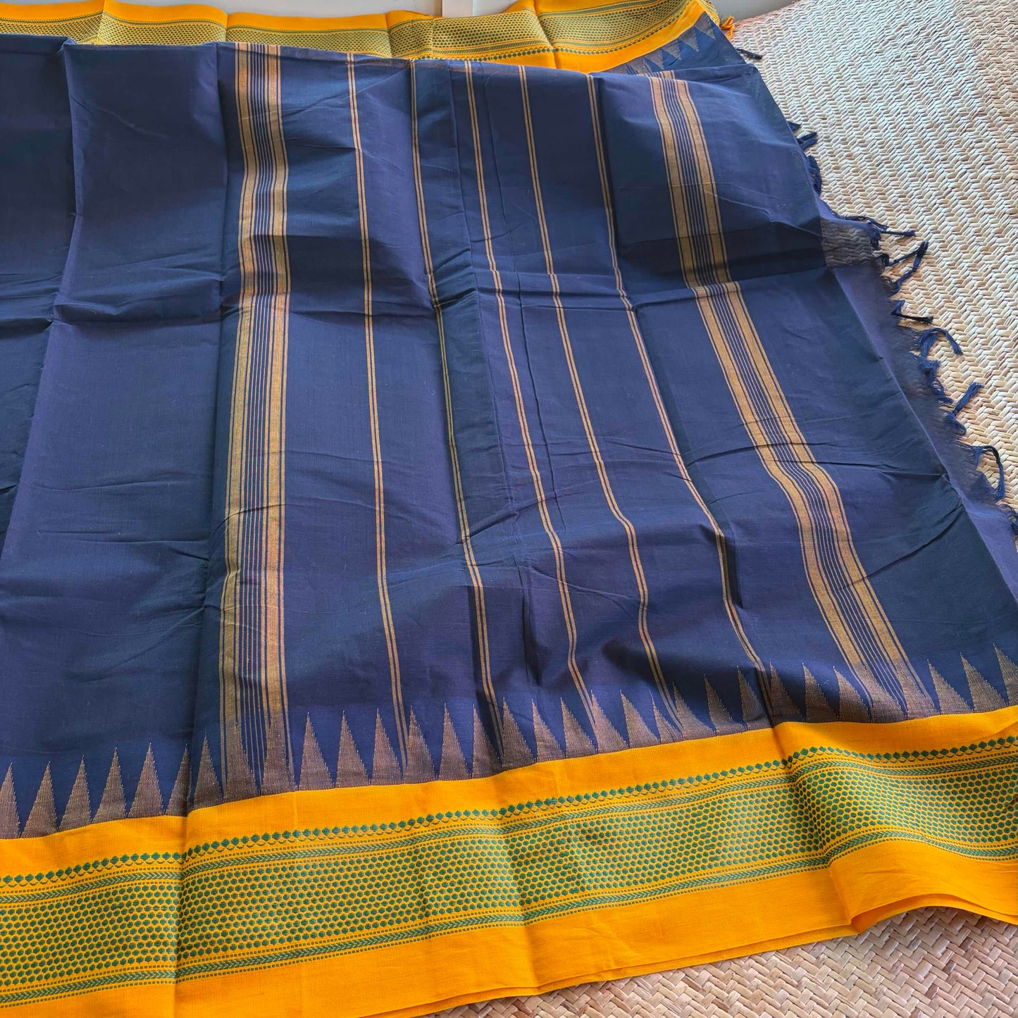 Chettinad Cotton Saree, Navy Saree with Korvai Border