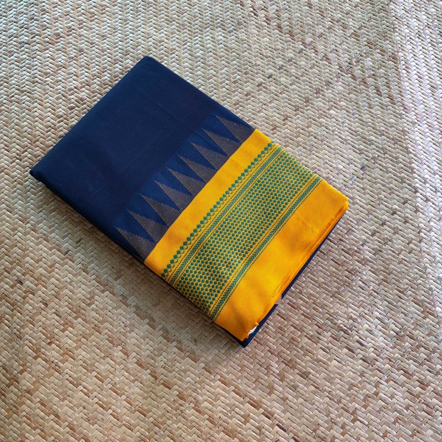 Chettinad Cotton Saree, Navy Saree with Korvai Border