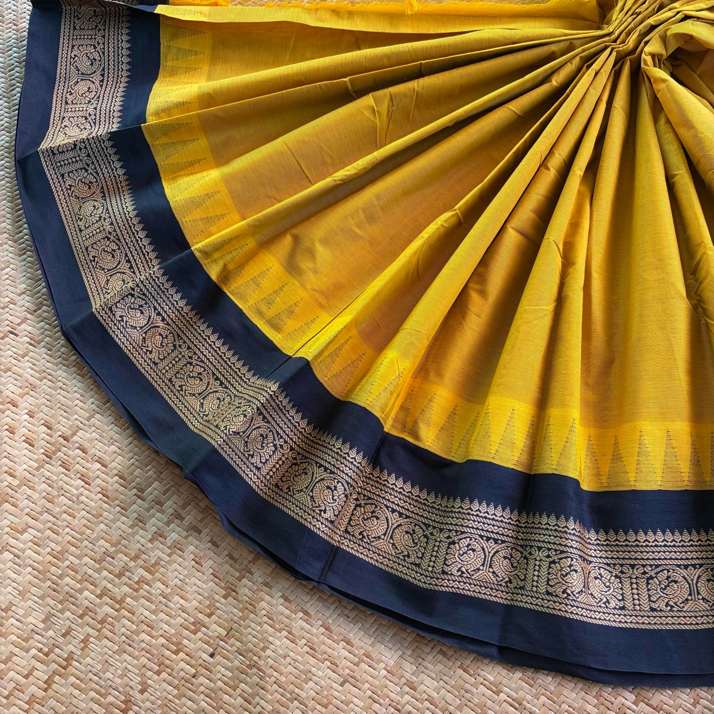 Chettinad Cotton Saree, Mustard Saree with Korvai Border