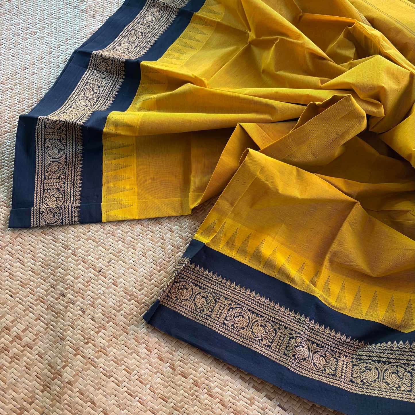 Chettinad Cotton Saree, Mustard Saree with Korvai Border