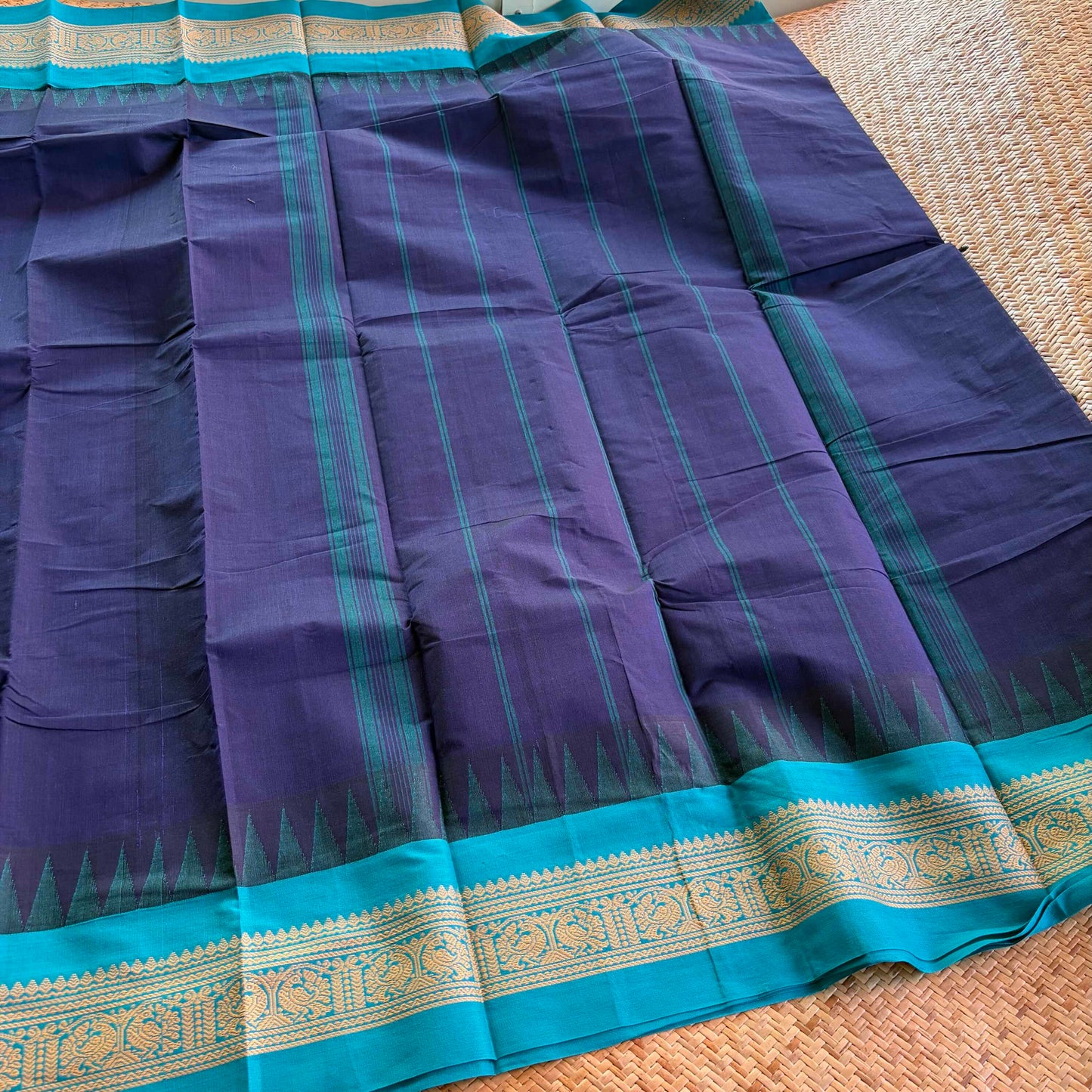 Chettinad Cotton Saree, Navy Saree with Korvai Border