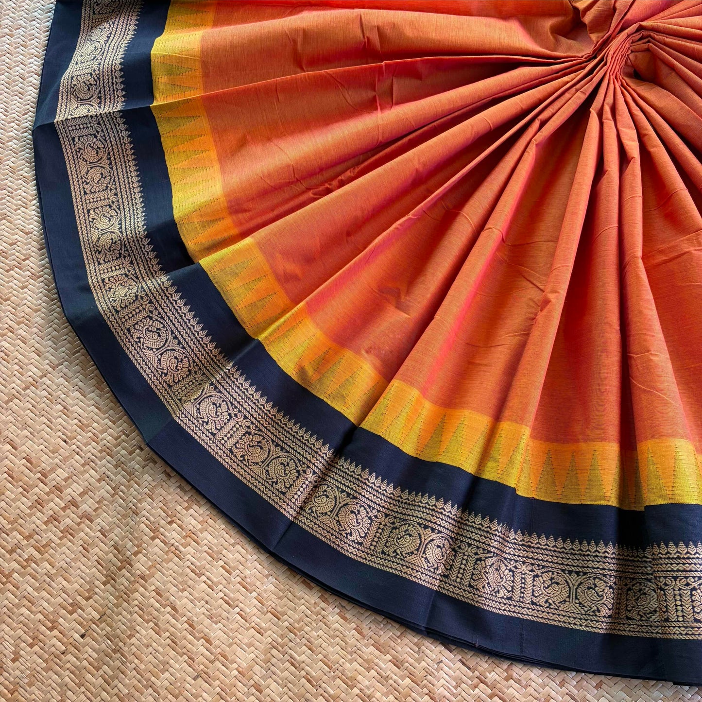 Chettinad Cotton Saree, Peach Saree with Korvai Border