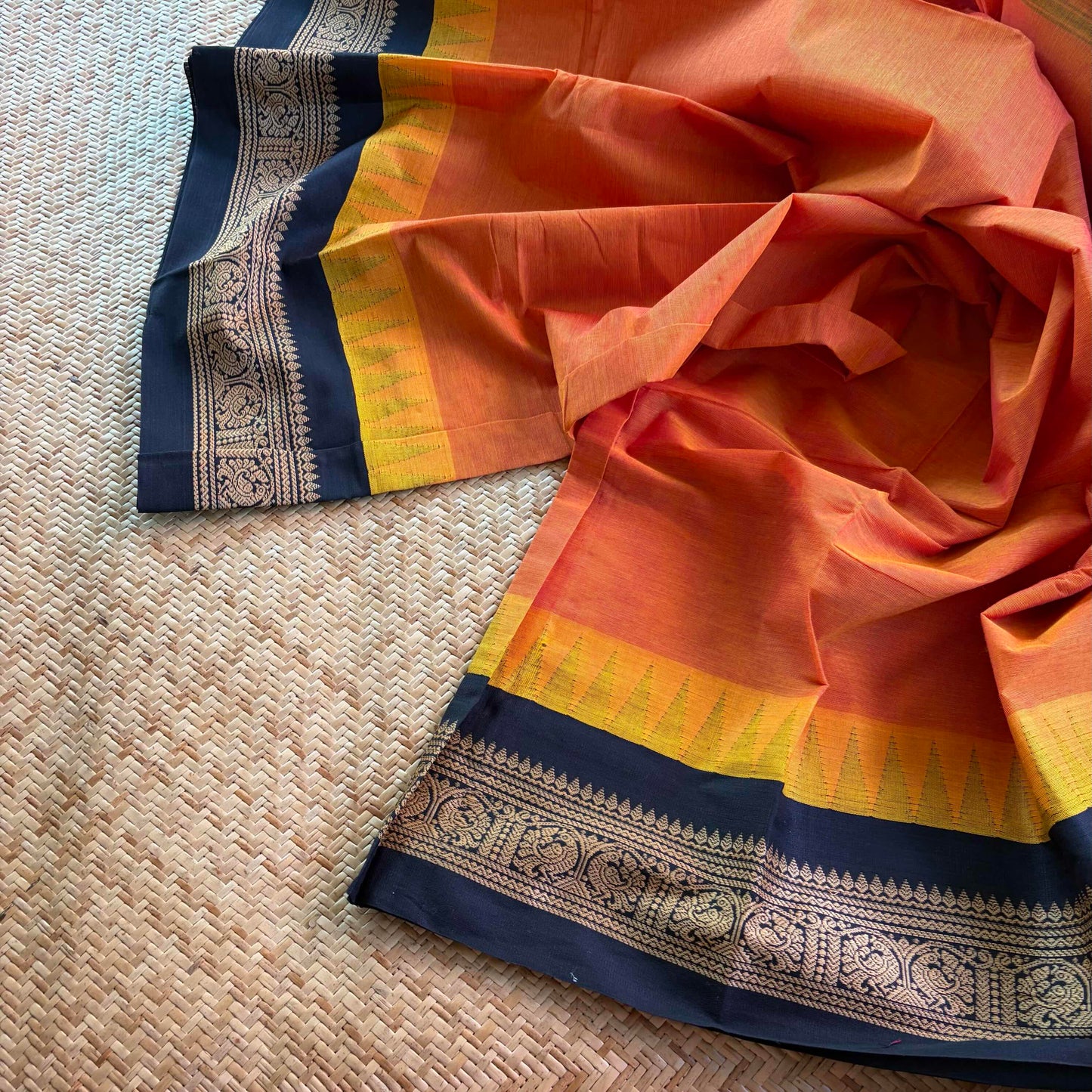 Chettinad Cotton Saree, Peach Saree with Korvai Border