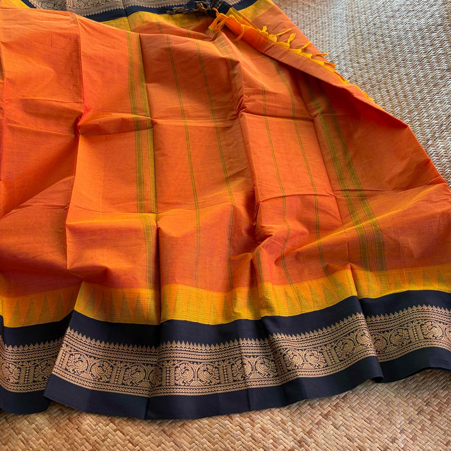Chettinad Cotton Saree, Peach Saree with Korvai Border