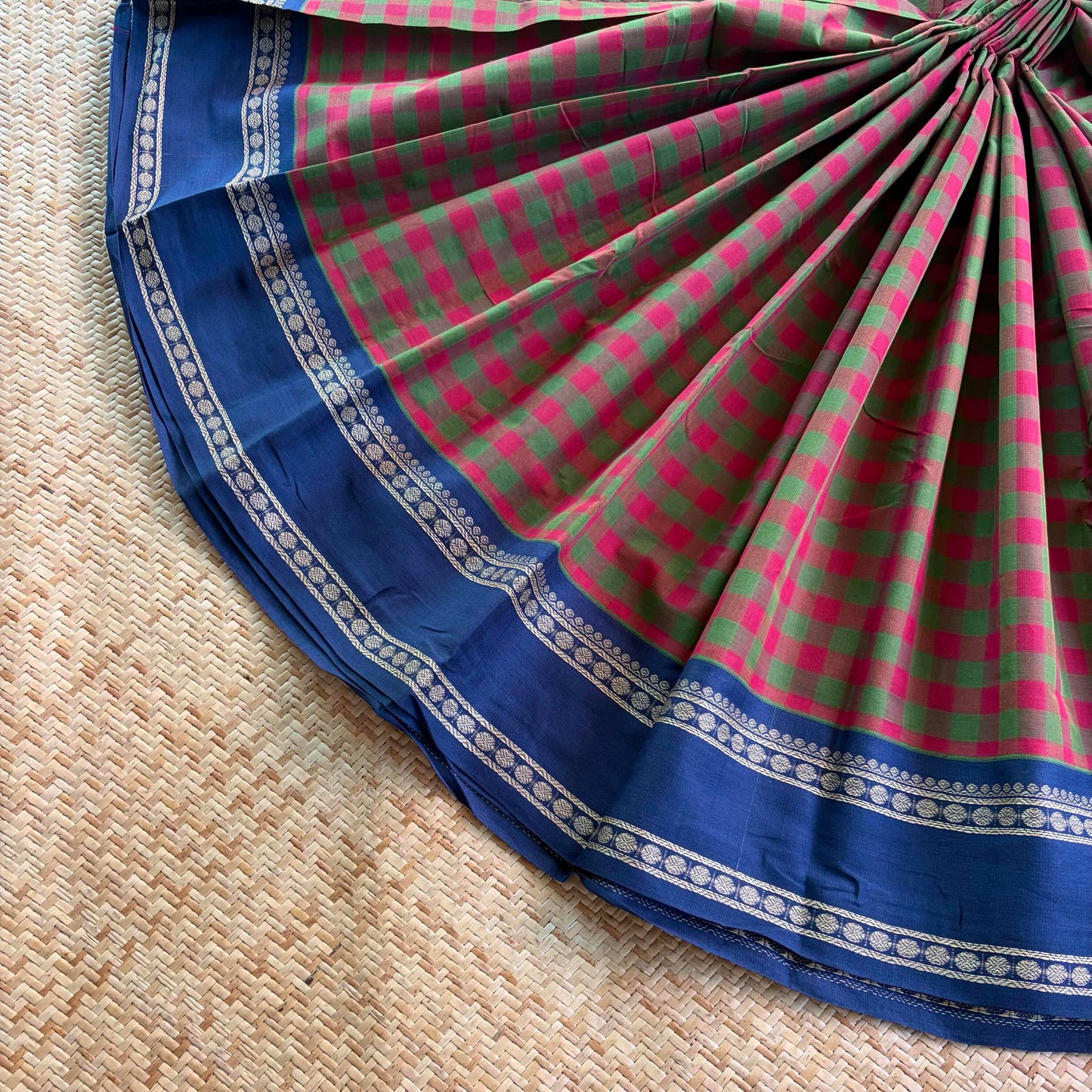 Chettinad Cotton Saree, Green with Marron Saree with Korvai Border