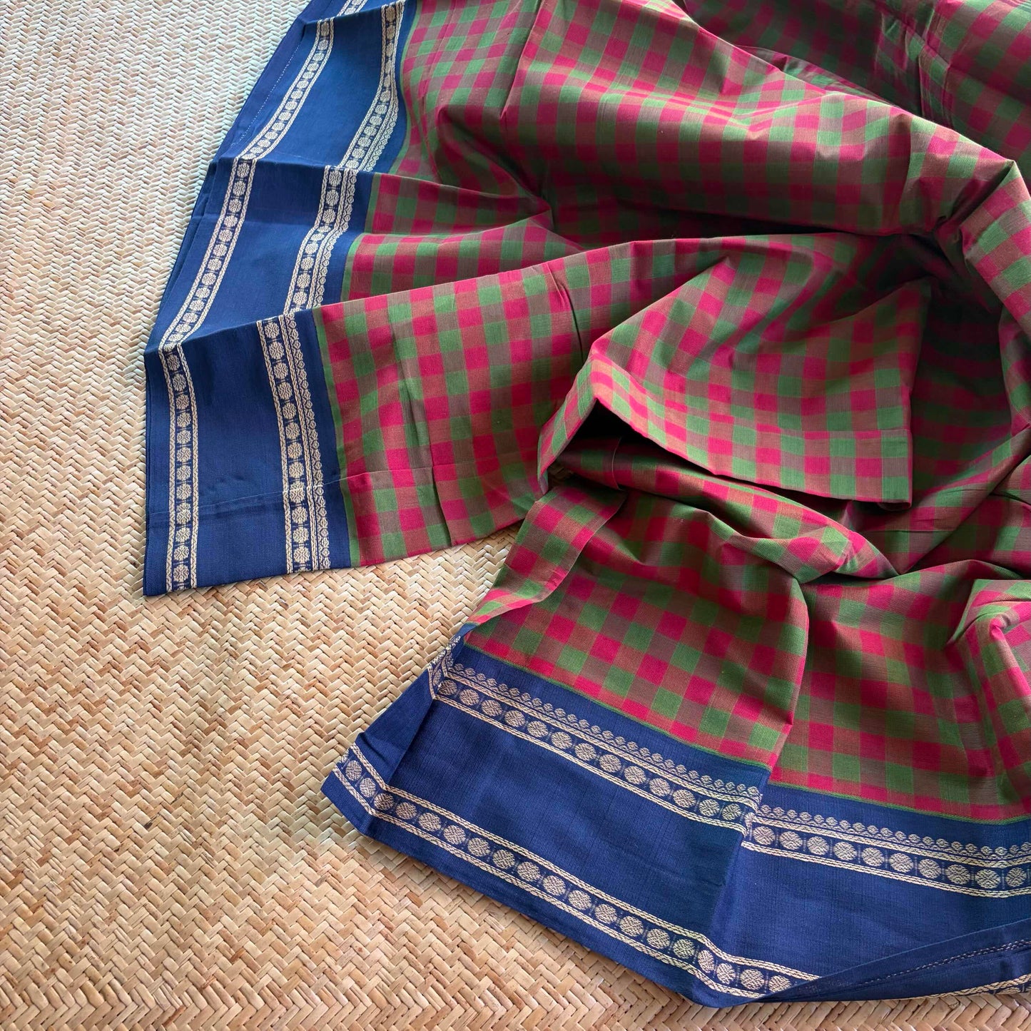 Chettinad Cotton Saree, Green with Marron Saree with Korvai Border