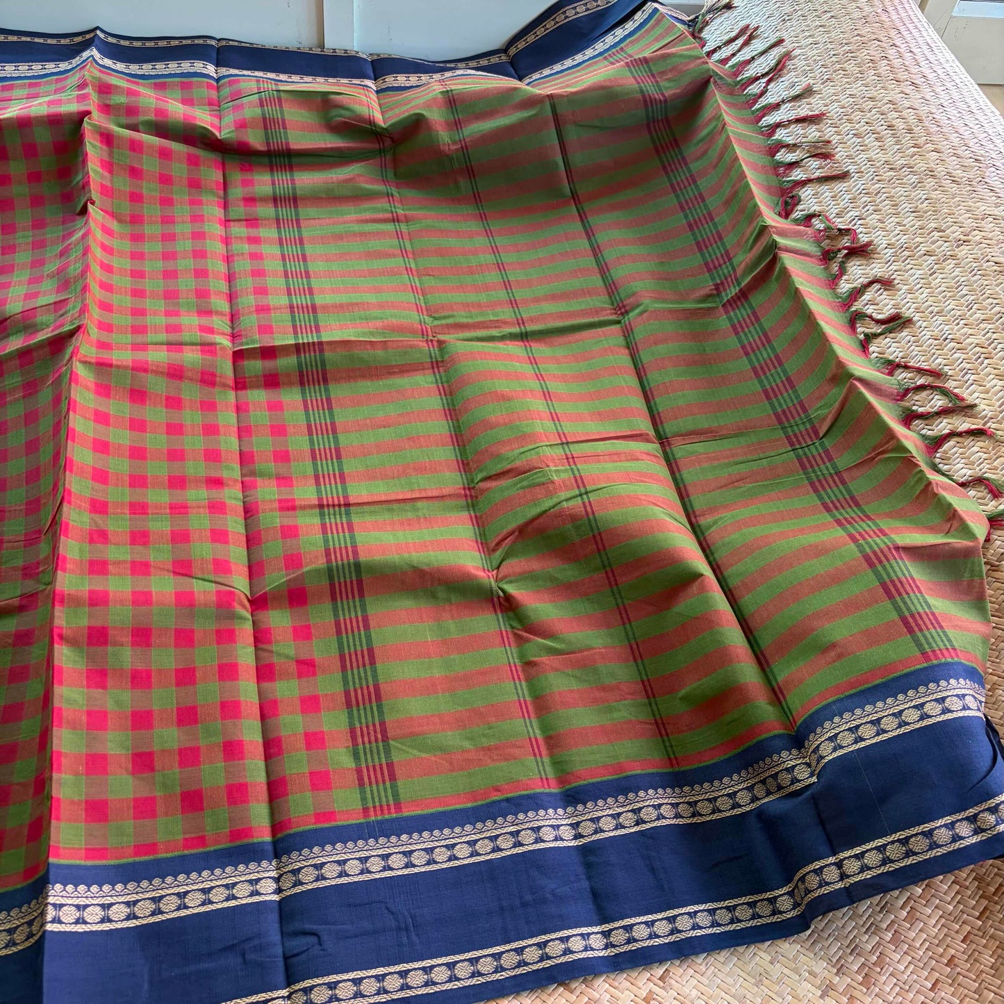 Chettinad Cotton Saree, Green with Marron Saree with Korvai Border