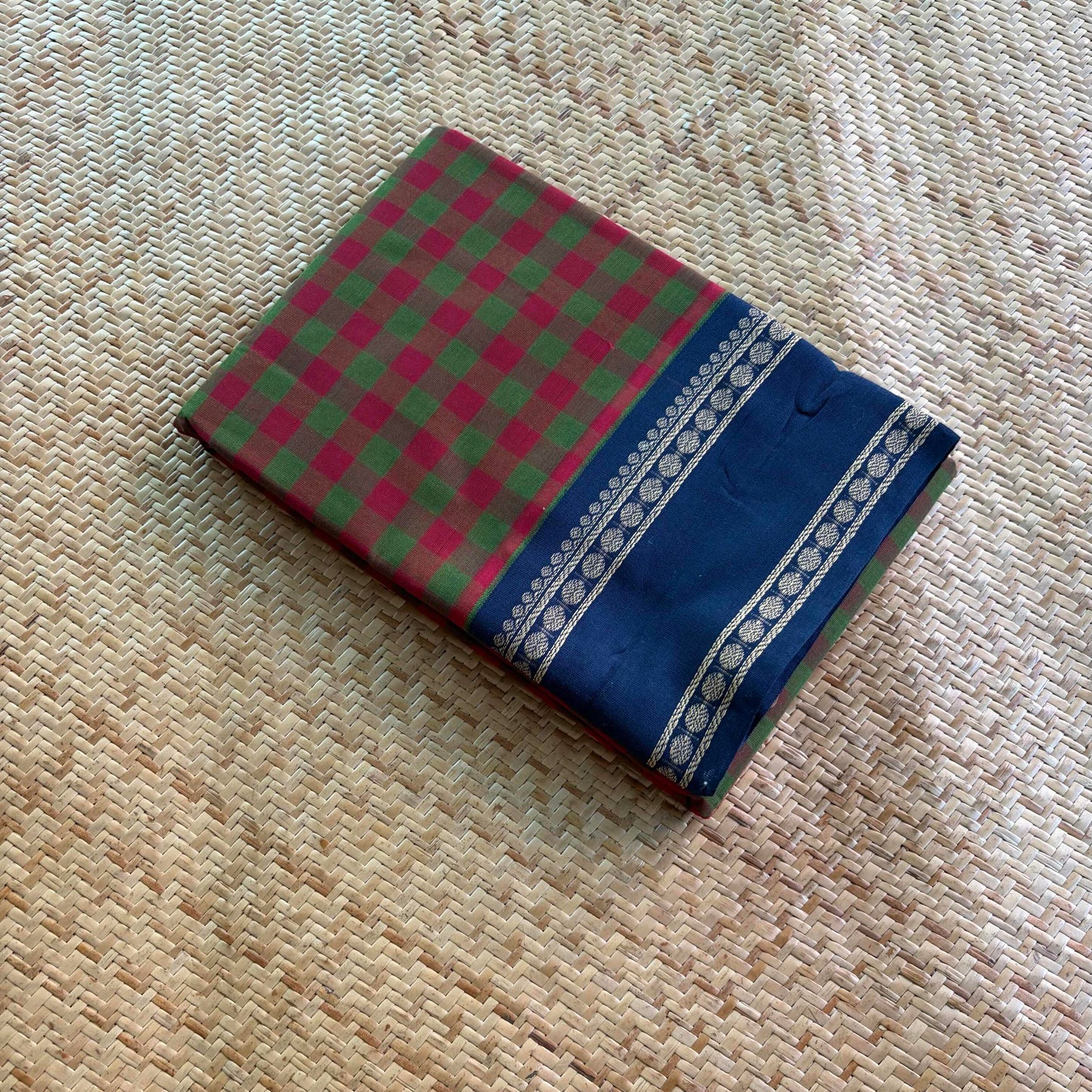 Chettinad Cotton Saree, Green with Marron Saree with Korvai Border