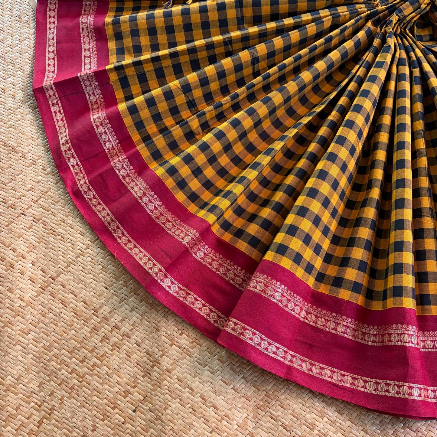 Chettinad Cotton Saree, Mustard with Black Saree with Korvai Border