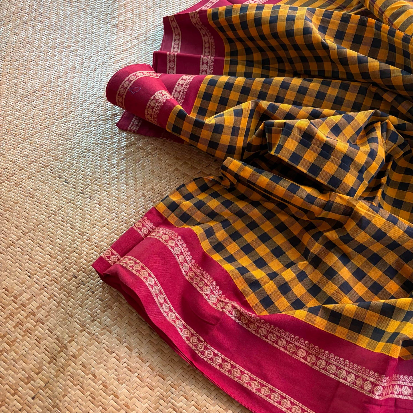 Chettinad Cotton Saree, Mustard with Black Saree with Korvai Border