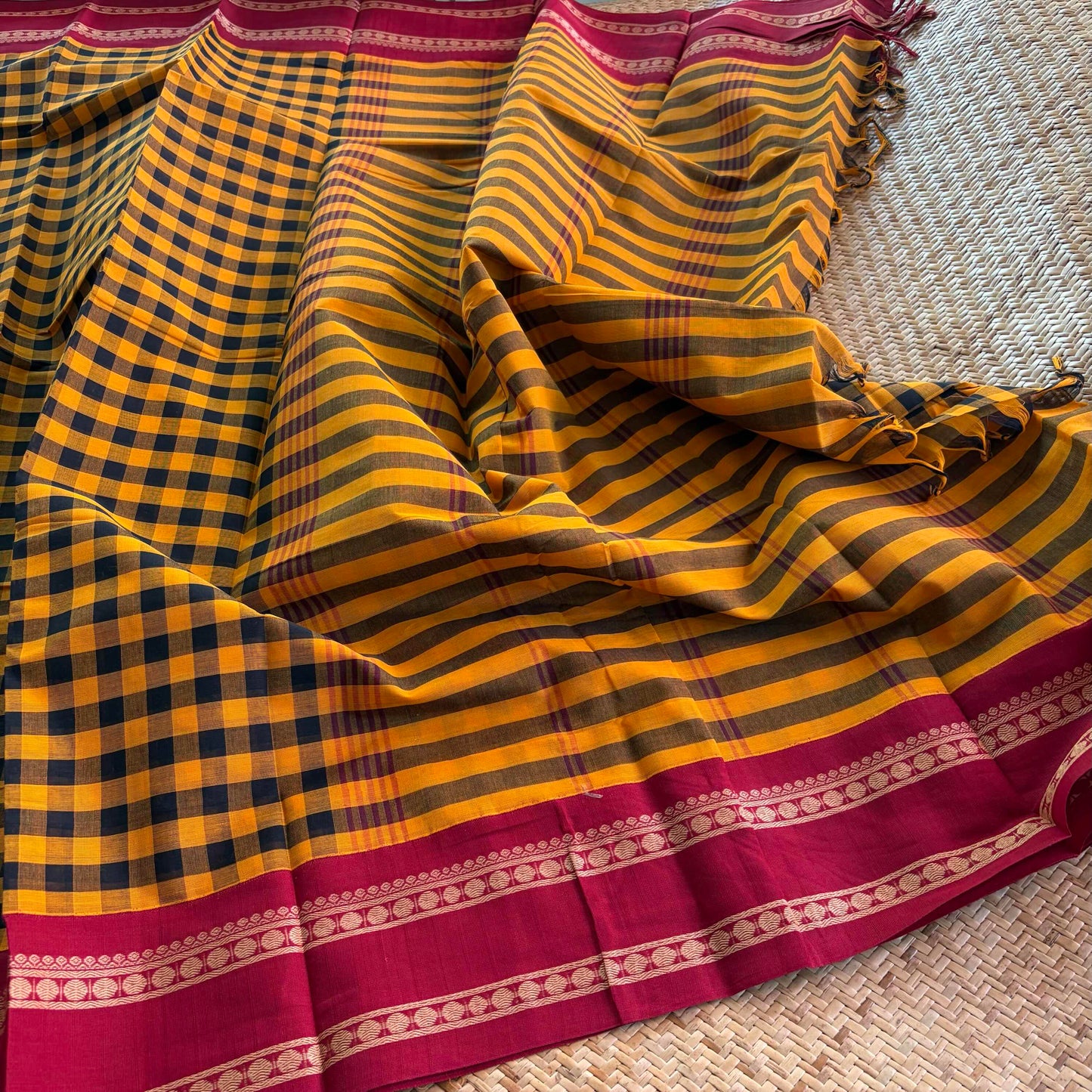 Chettinad Cotton Saree, Mustard with Black Saree with Korvai Border