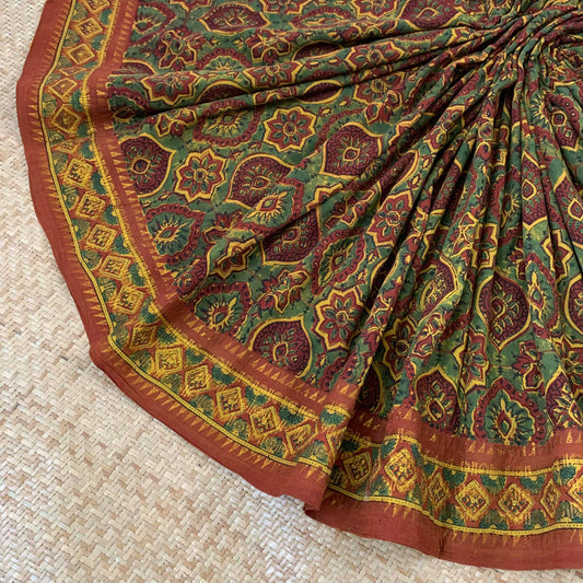 Madisar 10 Yards, Green With Brown, Ajrak Hand Block Printed On Madurai Cotton Saree With Zari