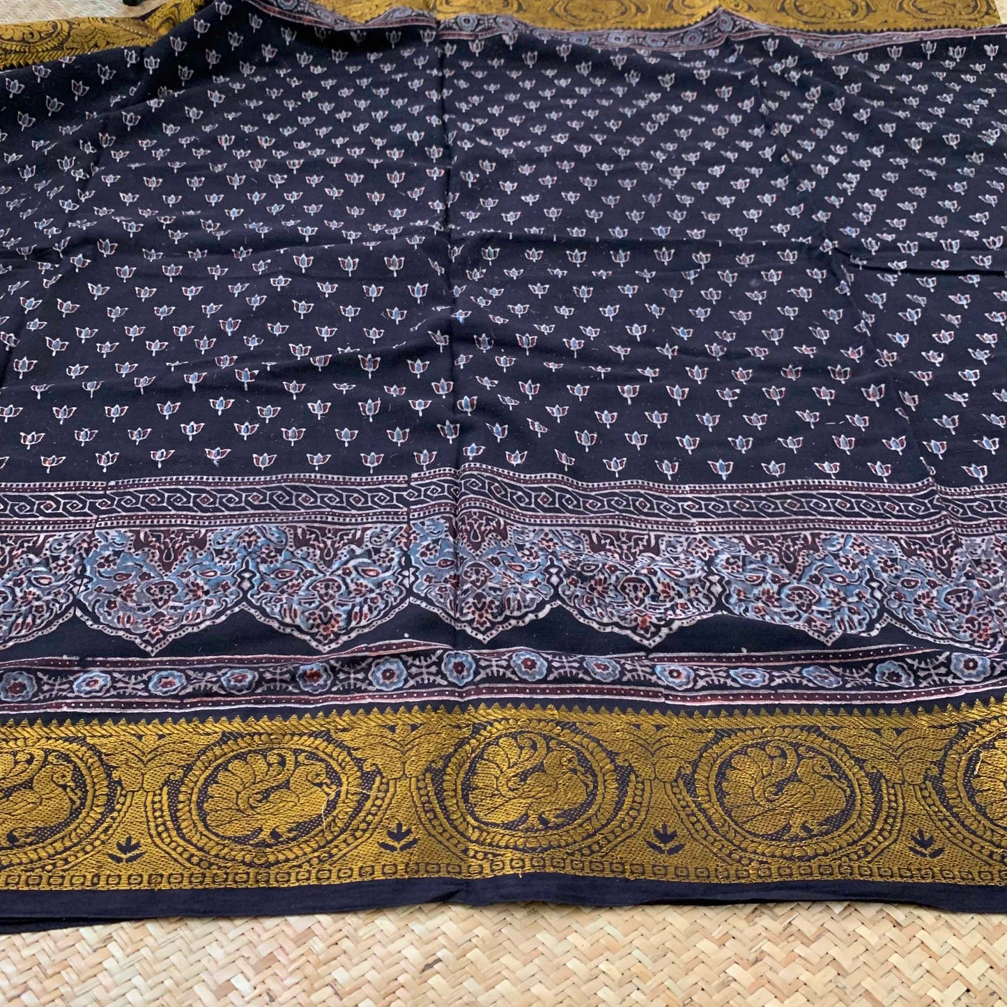 Black, Ajrak Hand Block Printed On Madurai Cotton Saree With Zari