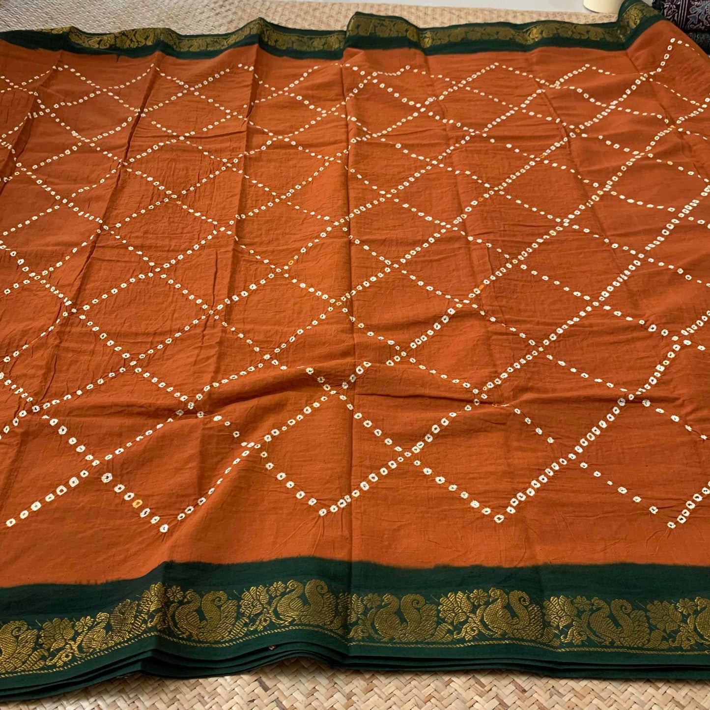 Rust Orange Saree Green Border, Hand knotted Sungadi On a Annam Border Mercerised Cotton saree, Kaikattu Sungadi