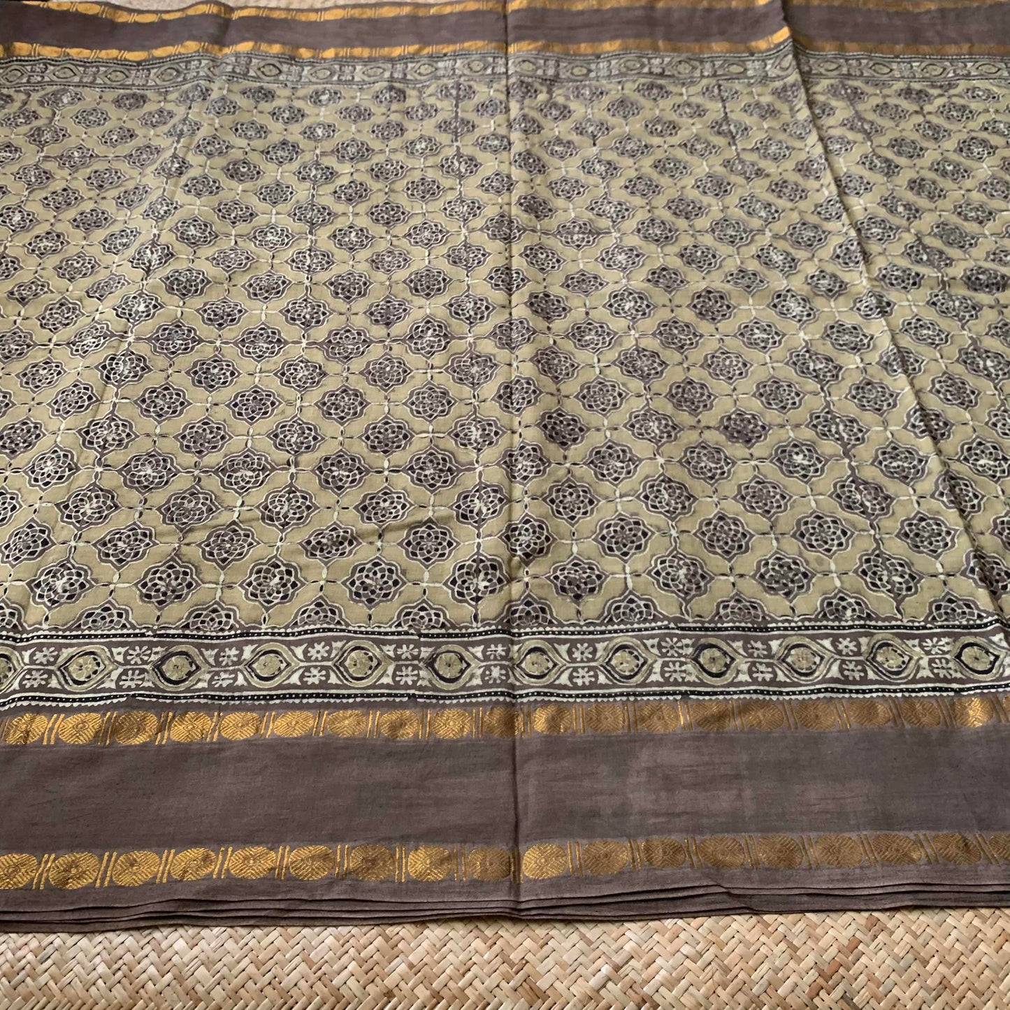 Taupe , Ajrak Hand Block Printed On Madurai Cotton Saree With Zari