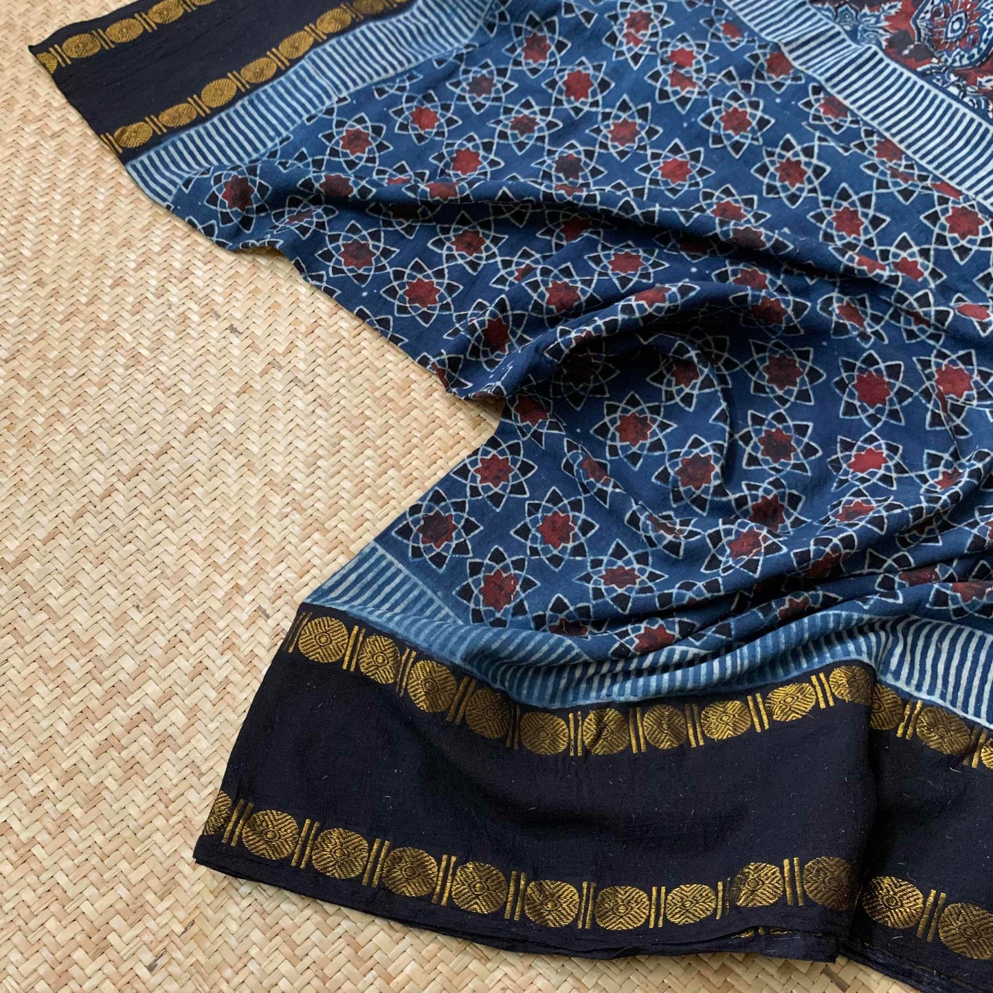 Blue , Ajrak Hand Block Printed On Madurai Cotton Saree With Zari