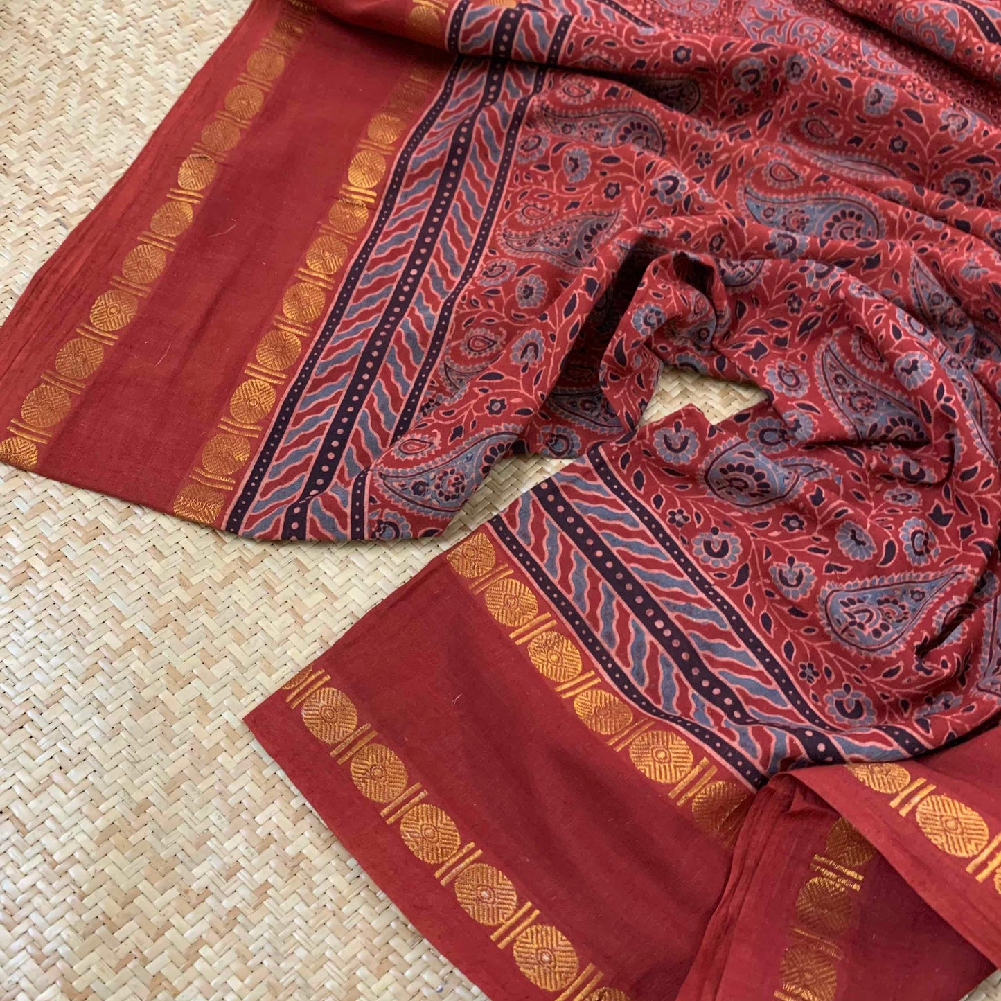 Red, Ajrak Hand Block Printed On Madurai Cotton Saree With Zari