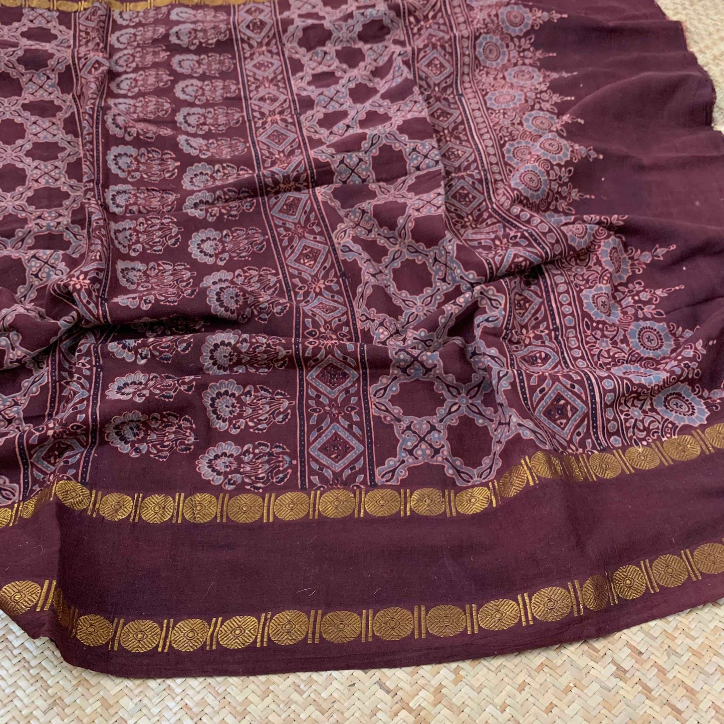 Wine Red, Ajrak Hand Block Printed On Madurai Cotton Saree With Zari