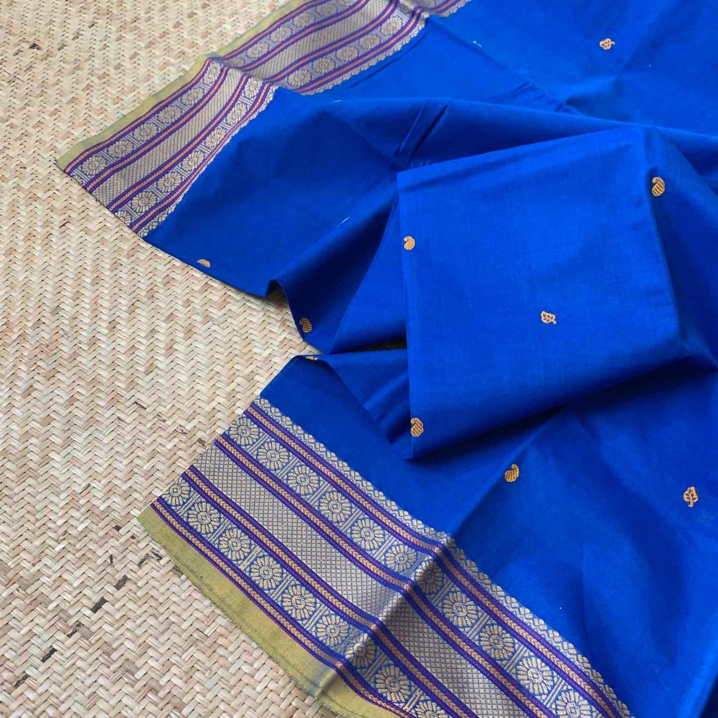 Chettinad Cotton Saree, Blue Saree with Rudraksha Thread Border