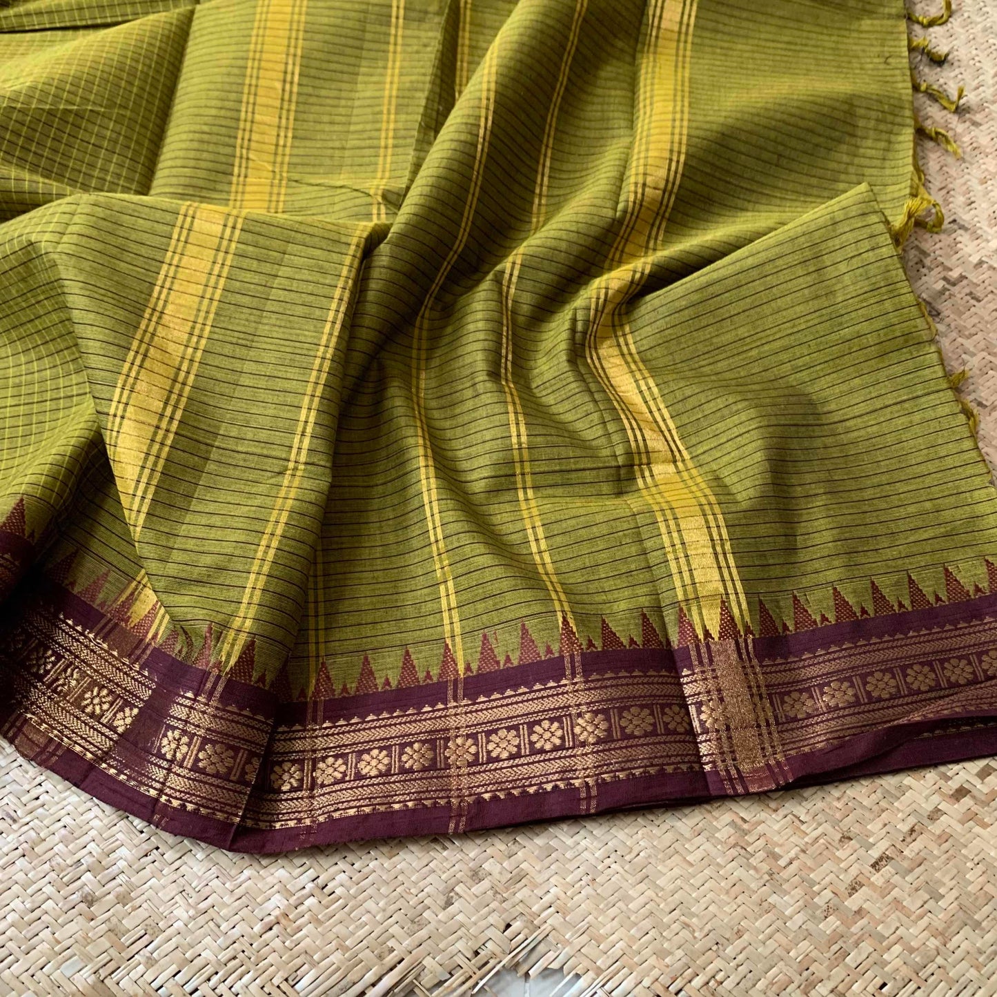 Chettinad cotton, Olive Green with Brown