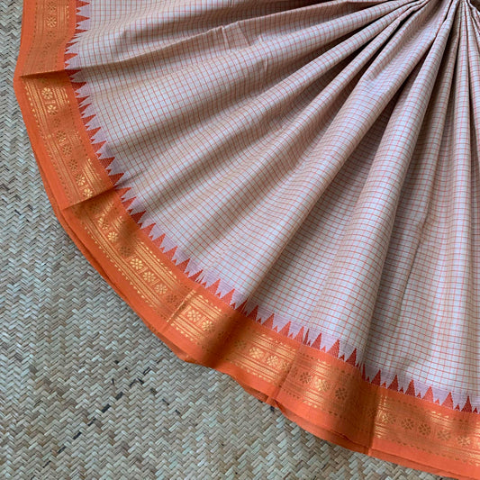 Chettinad Cotton Saree, Beige Saree with Orange Border