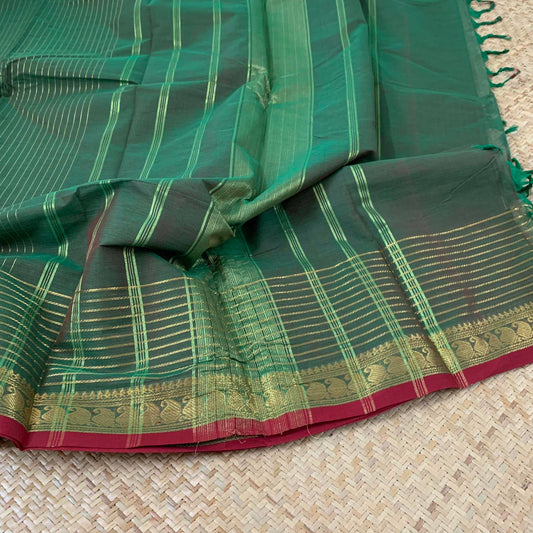 Chettinad Cotton Saree, Dark Green Saree with Maroon Selvage