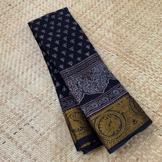 Black, Ajrak Hand Block Printed On Madurai Cotton Saree With Zari